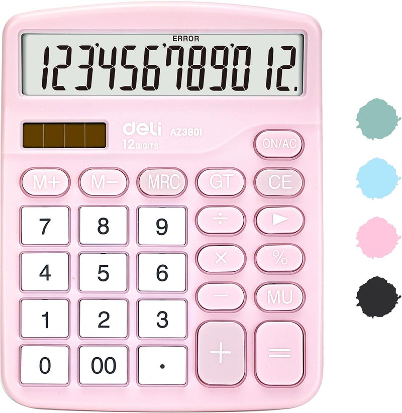 Deli Calculator, Standard Function Desktop Calculators with 12 Digit Large LCD Display and Sensitive Button, Solar Battery Dual Power Office Calculator, Pink - Image 1